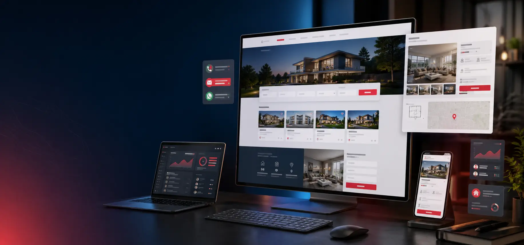 Esempio di sito web immobiliare visualizzato su computer, tablet e smartphone